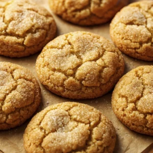 Close-up of golden brown sugar-coated cookies with cracked texture on parchment paper