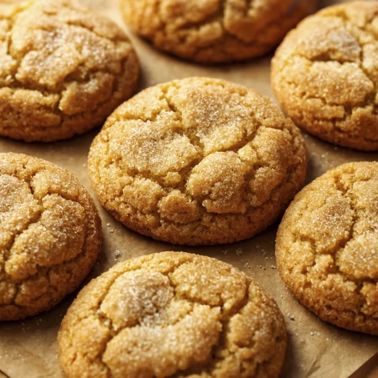 Close-up of golden brown sugar-coated cookies with cracked texture on parchment paper