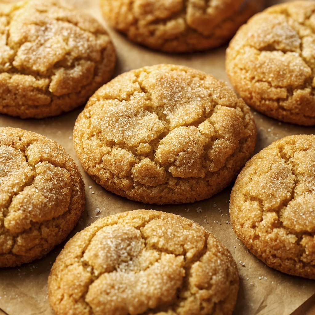 Close-up of golden brown sugar-coated cookies with cracked texture on parchment paper