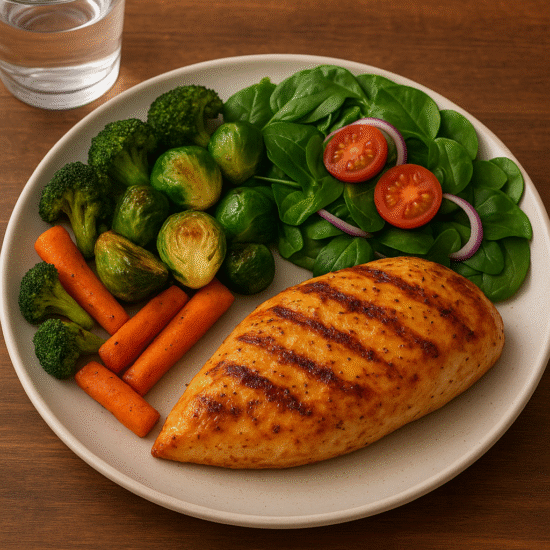 Healthy dinner plate on a wooden table with a glass of water and warm natural lighting.
