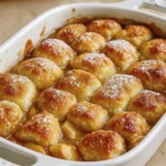 Close-up of apple dumpling casserole with golden biscuit topping and caramelized cinnamon sauce in a white ceramic dish