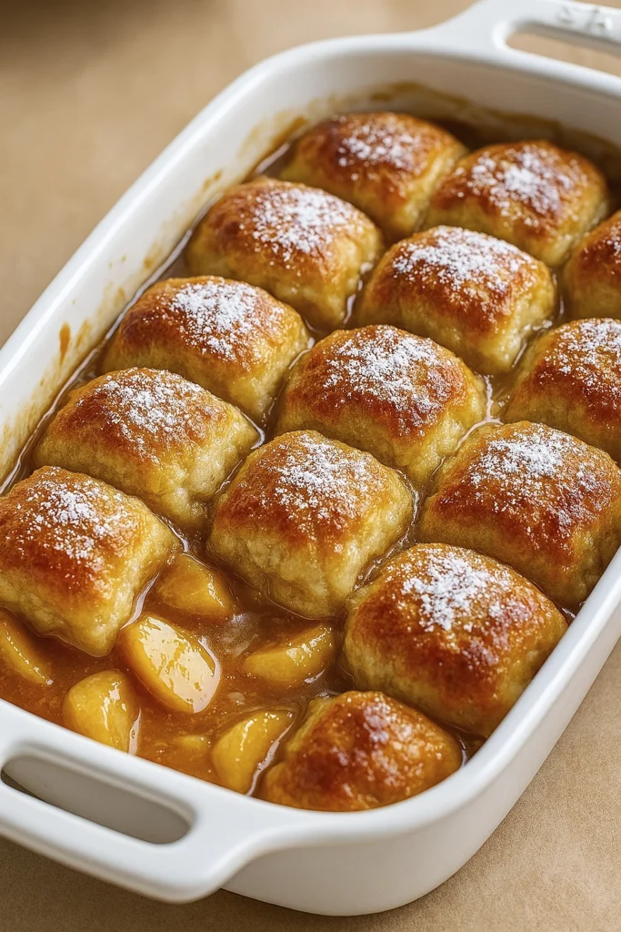 Vertical close-up of apple dumpling casserole with golden biscuit topping and cinnamon caramel glaze in a white ceramic dish