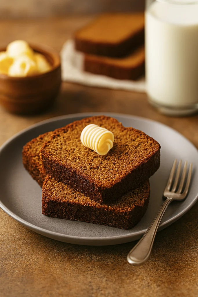 Pumpkin bread slices with butter curl served on ceramic plate with milk and autumn decor