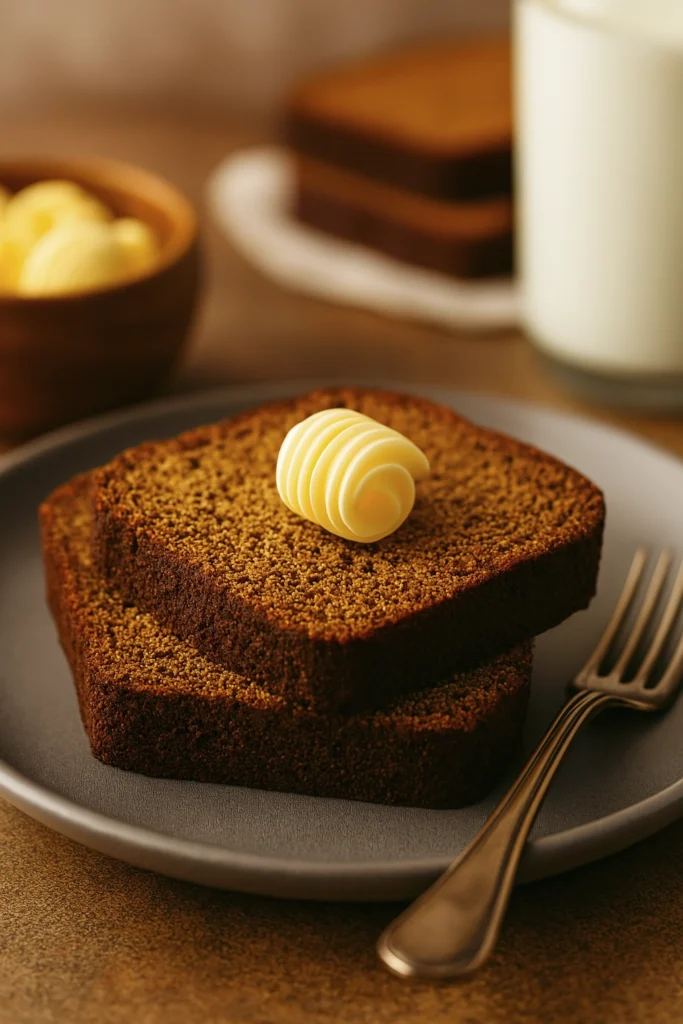 Editorial-style pumpkin bread slices with butter curl and milk in a cozy fall breakfast setting