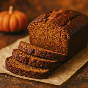 Sliced homemade pumpkin bread with moist texture and autumn decor in the background