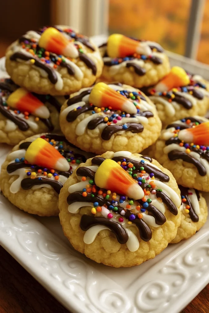 Halloween sugar cookies decorated with candy corn, sprinkles, icing, and chocolate drizzle on a white ceramic plate.