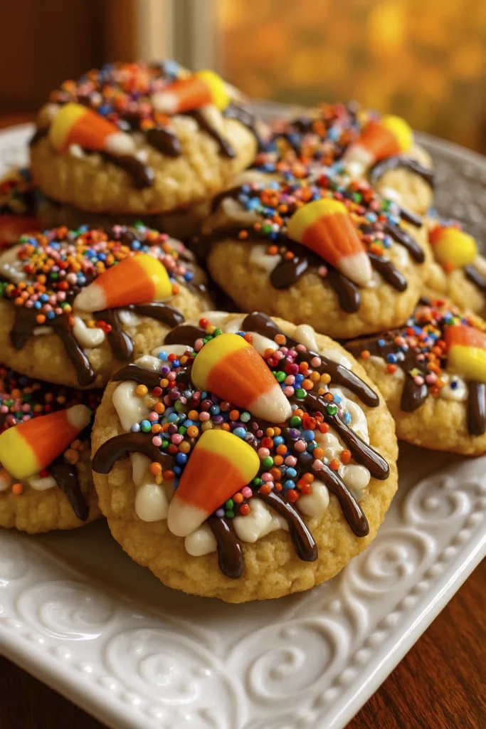 Halloween sugar cookies decorated with candy corn, rainbow sprinkles, white icing, and chocolate drizzle on a white ceramic plate.
