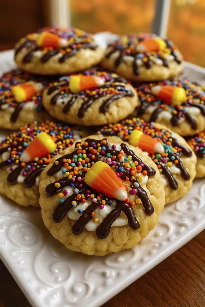 Halloween sugar cookies shaped like haunted houses and skeletons, decorated with black, white, and gray icing, candy bones, and spooky sprinkles.