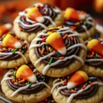 Festive sugar cookies decorated with candy corn, sprinkles, icing, and chocolate drizzle on a glass plate.