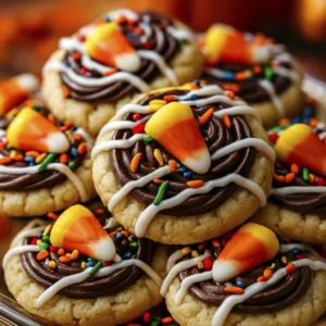 Festive sugar cookies decorated with candy corn, sprinkles, icing, and chocolate drizzle on a glass plate.