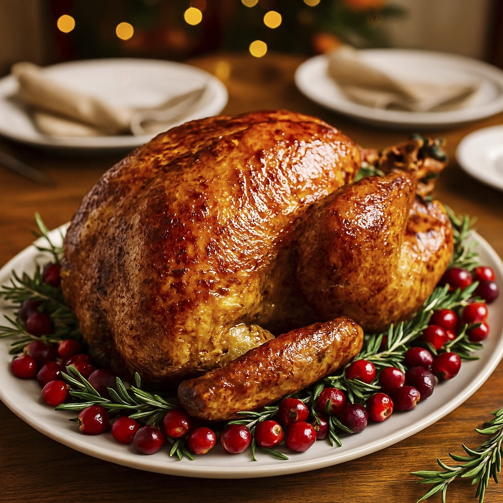 Golden roasted turkey with crispy glazed skin, garnished with rosemary and cranberries on a festive holiday platter.
