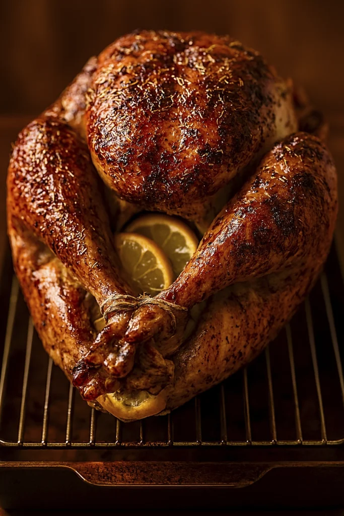 Close-up of a golden roasted turkey with crispy herb-seasoned skin, tied legs, and a cavity filled with carrots and onions on a metal rack.