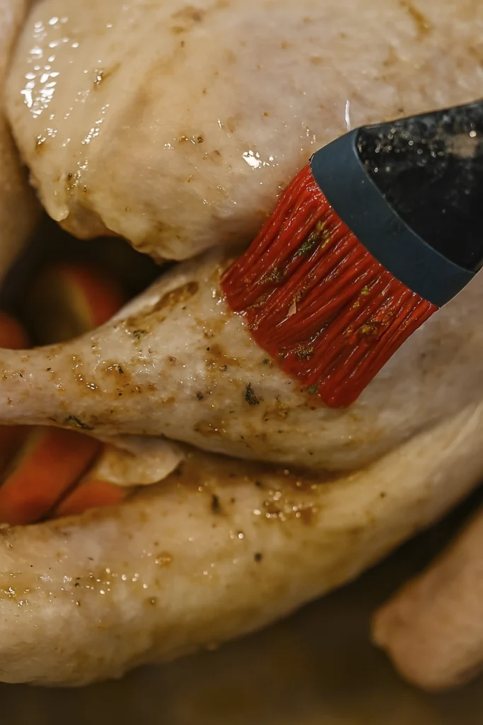 Close-up of roasted turkey on a metal rack with crispy herb-seasoned skin, tied legs, and cavity filled with sliced lemon.