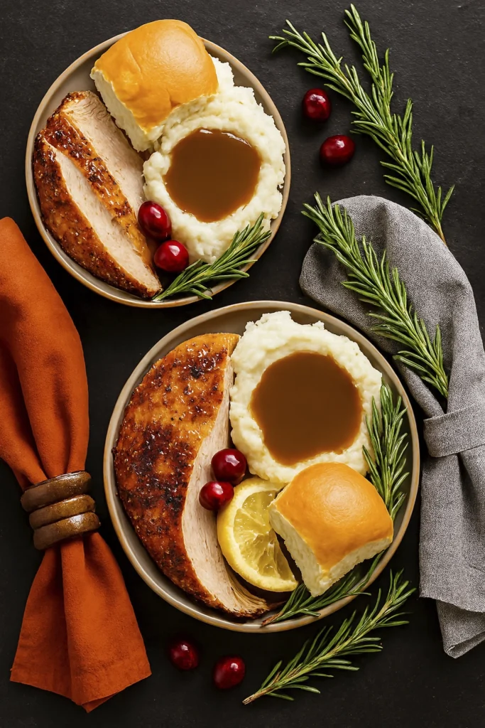 Thanksgiving plates with roasted turkey, mashed potatoes and gravy, dinner rolls, rosemary sprigs, and cranberries on a rustic dark table with autumn napkins.