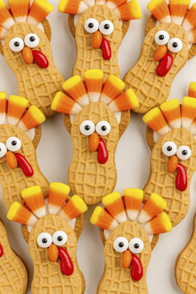 Thanksgiving turkey cookies made from peanut-shaped biscuits with candy corn feathers and colorful candy faces on a white background.