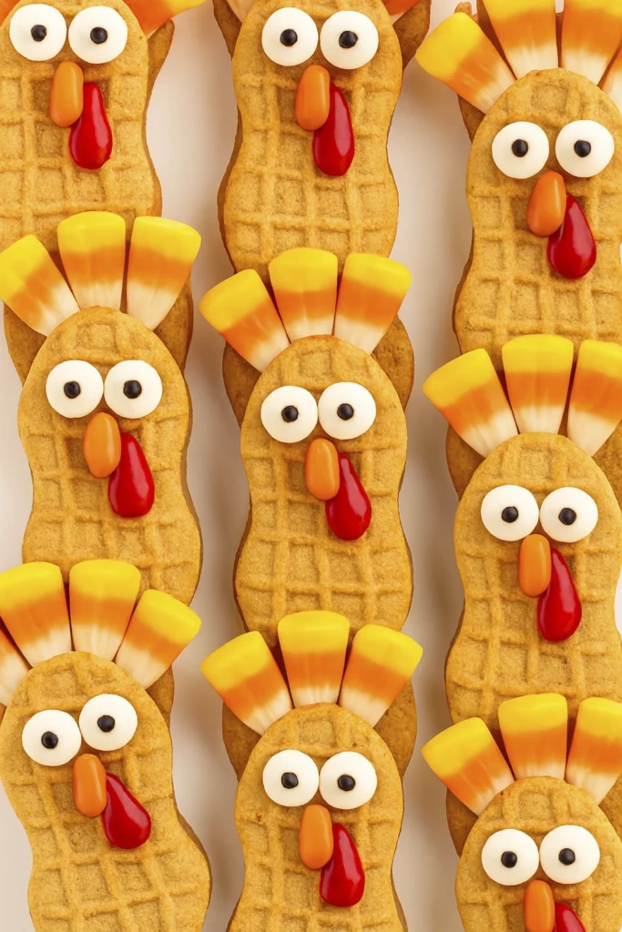 Thanksgiving turkey cookies styled on a farmhouse table with autumn props and warm lighting.