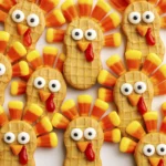 Colorful turkey-shaped Thanksgiving cookies made from peanut biscuits and candy decorations on a white background.