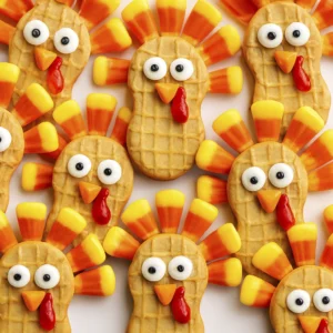 Colorful turkey-shaped Thanksgiving cookies made from peanut biscuits and candy decorations on a white background.