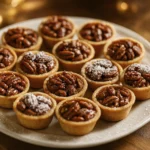 Mini pecan tartlets with golden crusts and caramelized pecan filling, dusted with powdered sugar on a white serving plate.