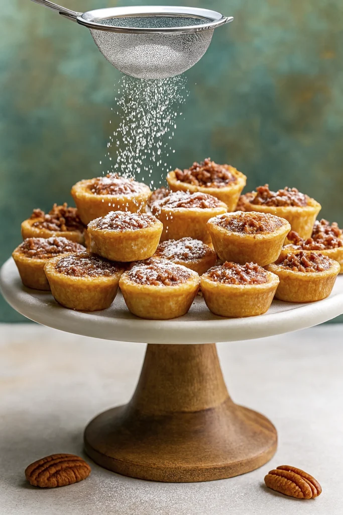 Mini pecan tartlets on a wooden cake stand with powdered sugar being sprinkled from a mesh sieve in a festive autumn setting.