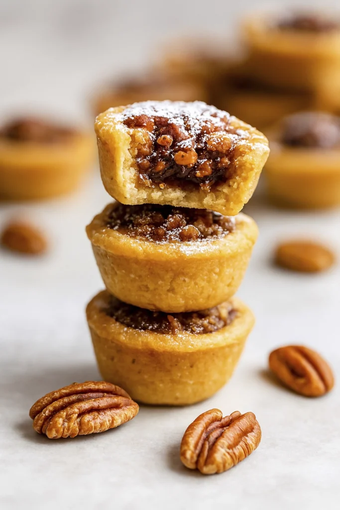Stacked mini pecan tartlets with golden crusts and gooey caramelized filling, surrounded by pecan halves on a white surface.