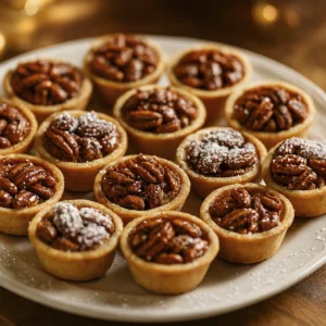 Mini pecan tartlets with golden crusts and caramelized pecan filling, dusted with powdered sugar on a white serving plate.