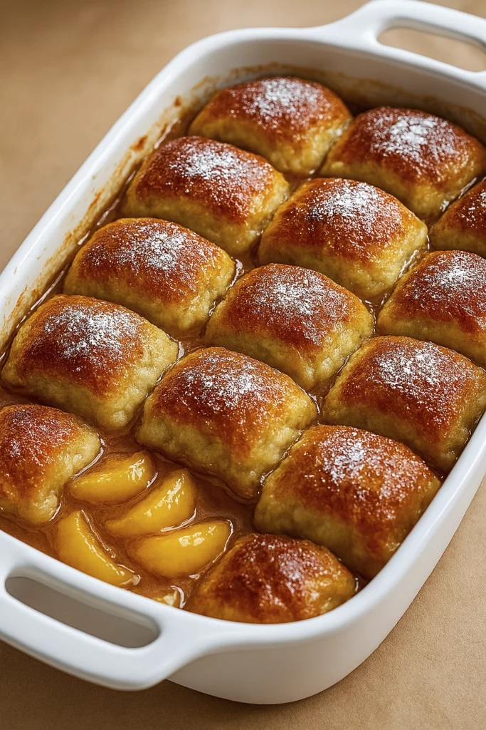 Vertical close-up of apple dumpling casserole with golden biscuit topping, cinnamon caramel sauce, and powdered sugar in a white ceramic dish