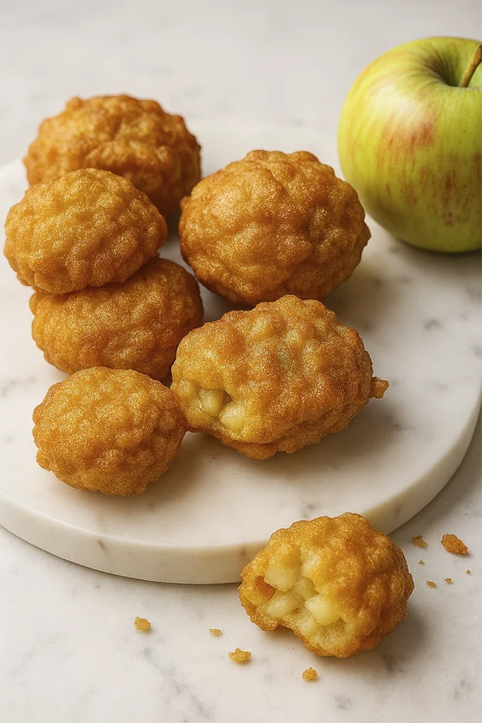Golden apple fritters with visible apple chunks on white marble, styled with fresh apples and crumbs for a rustic, homemade look.