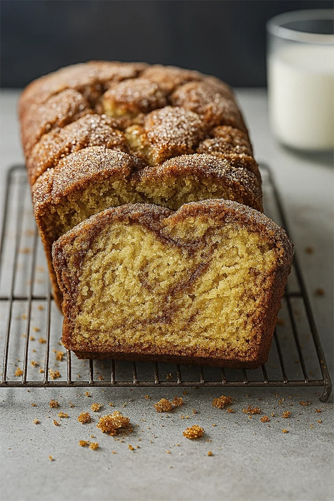 Golden cinnamon swirl bread with sugar topping on a cooling rack, one slice cut to reveal moist interior and cinnamon swirl, styled with milk in the background.