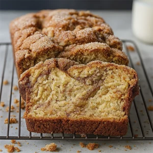 Golden cinnamon swirl bread with sugar topping on a cooling rack, one slice cut to reveal moist interior and cinnamon swirl, styled with milk in the background.