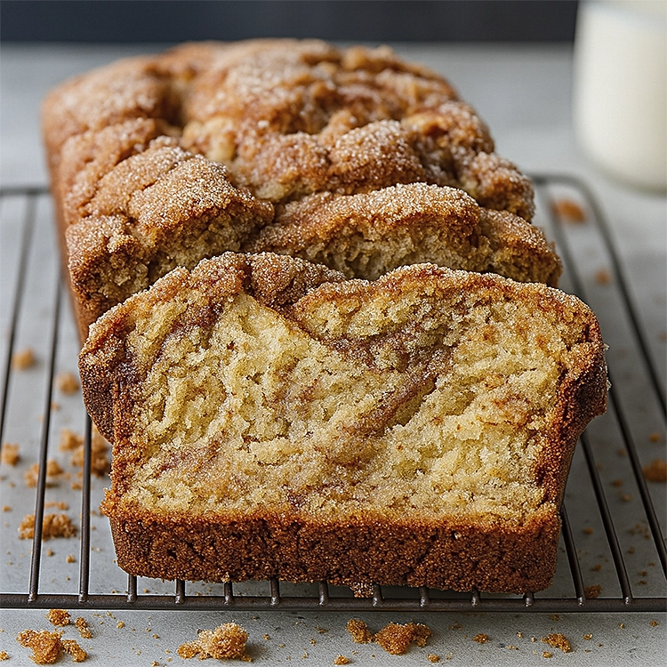 Golden cinnamon swirl bread with sugar topping on a cooling rack, one slice cut to reveal moist interior and cinnamon swirl, styled with milk in the background.
