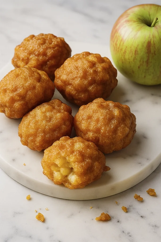 Golden apple fritters with crispy texture and visible apple chunks, styled on white marble with a fresh red and green apple for rustic bakery appeal.