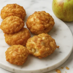 Golden apple fritters with visible apple chunks on white marble, styled with fresh apples and crumbs for a rustic, homemade look.
