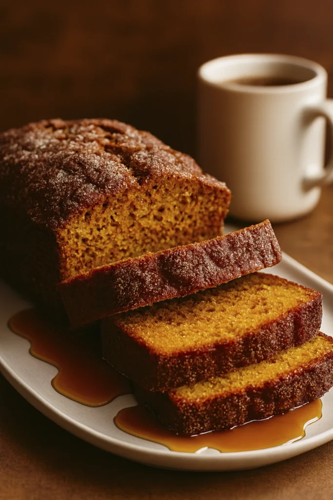 Vertical image of rustic pumpkin bread slices with sugar topping and syrup drizzle, styled on a white plate with warm wood tones.