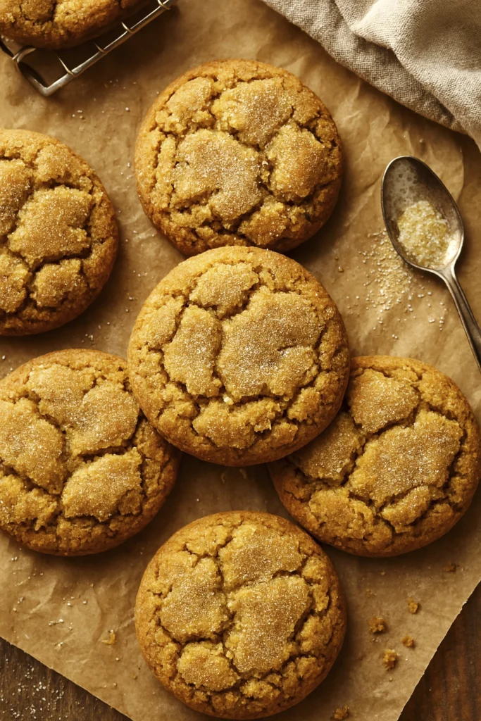 Golden brown sugar cookies with cracked surface and sparkly sugar coating on rustic parchment paper, styled in warm natural light for artisanal dessert photography.