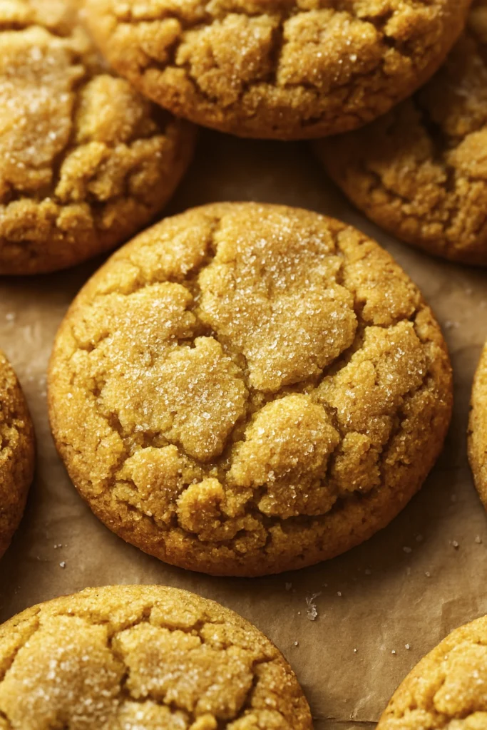 Vertical close-up of golden brown sugar cookies with sparkly sugar coating and cracked texture on parchment paper
