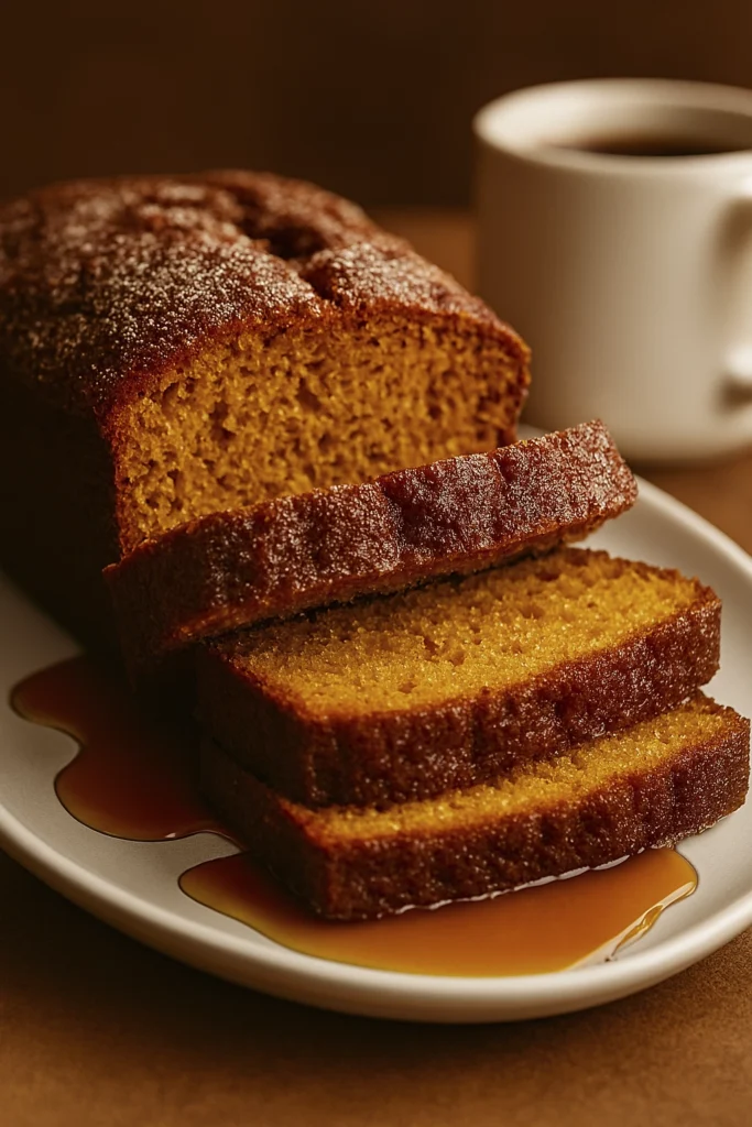 Vertical image of sliced pumpkin bread with sugar crust and syrup drizzle, styled on a white plate with warm autumn tones.