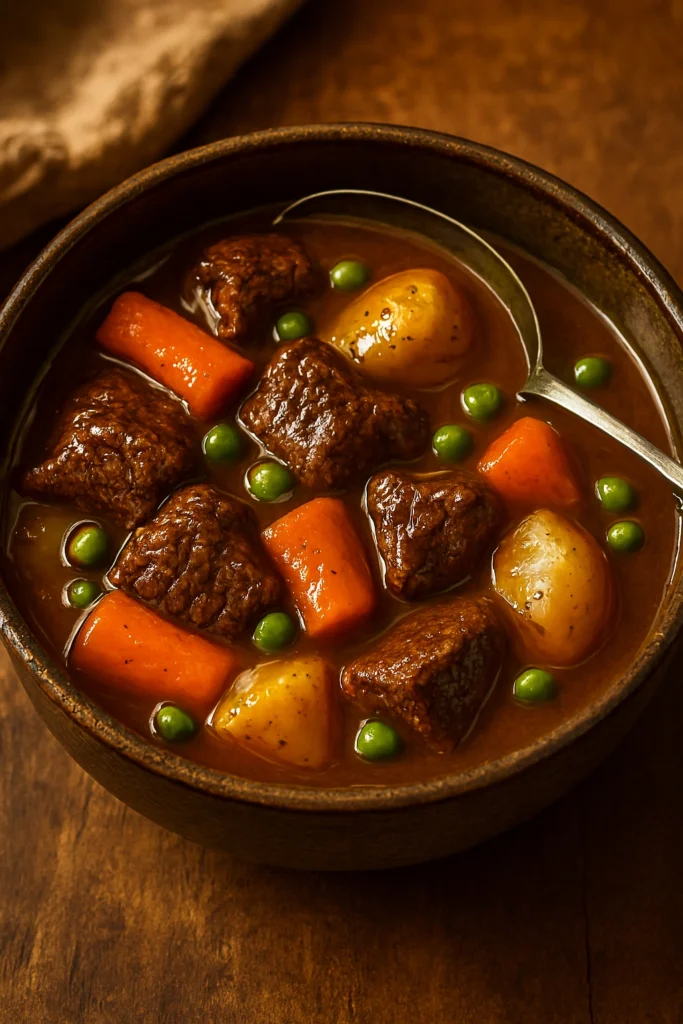 Vertical image of gourmet beef stew with vegetables in black bowl on rustic table