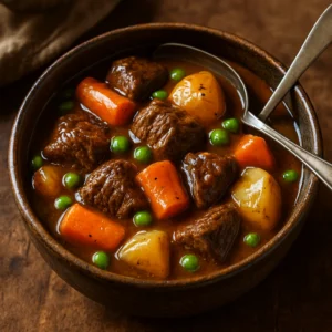 Hearty homemade beef stew with carrots, peas, and potatoes in rich gravy served in a rustic bowl
