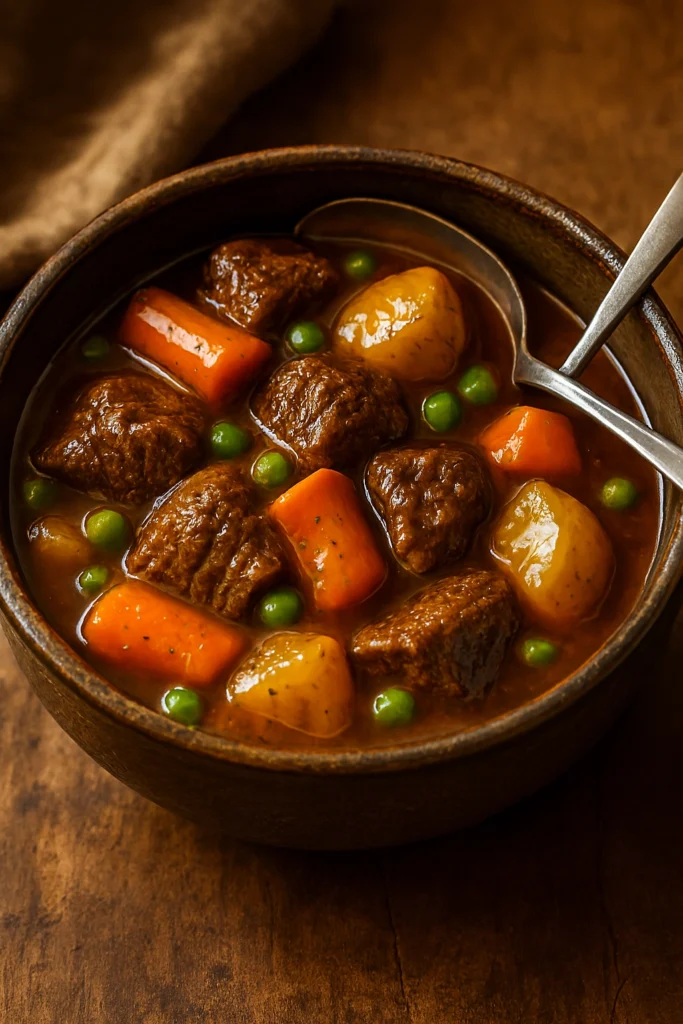 Vertical image of homemade beef stew with vegetables in rich gravy served in a rustic bowl