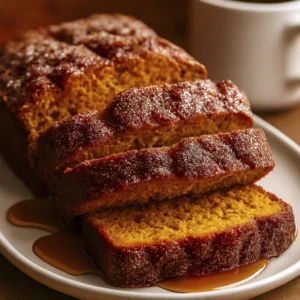 Sliced pumpkin bread with sugar crust and syrup drizzle on a white plate, styled for autumn-themed food photography.