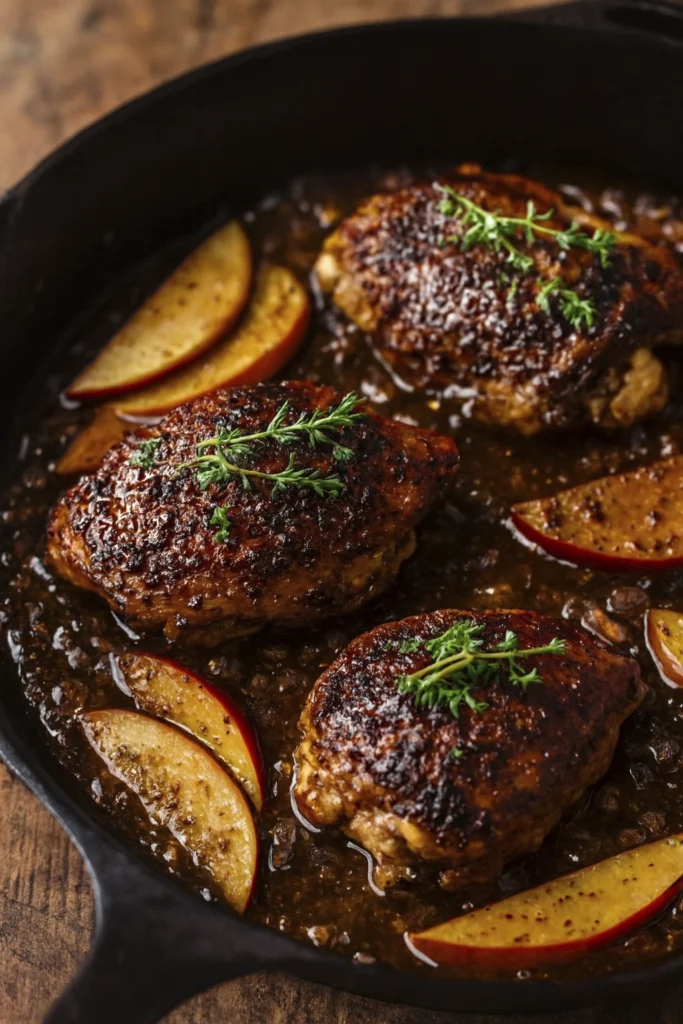 Skillet chicken thighs with caramelized apples and herbs in glossy onion sauce