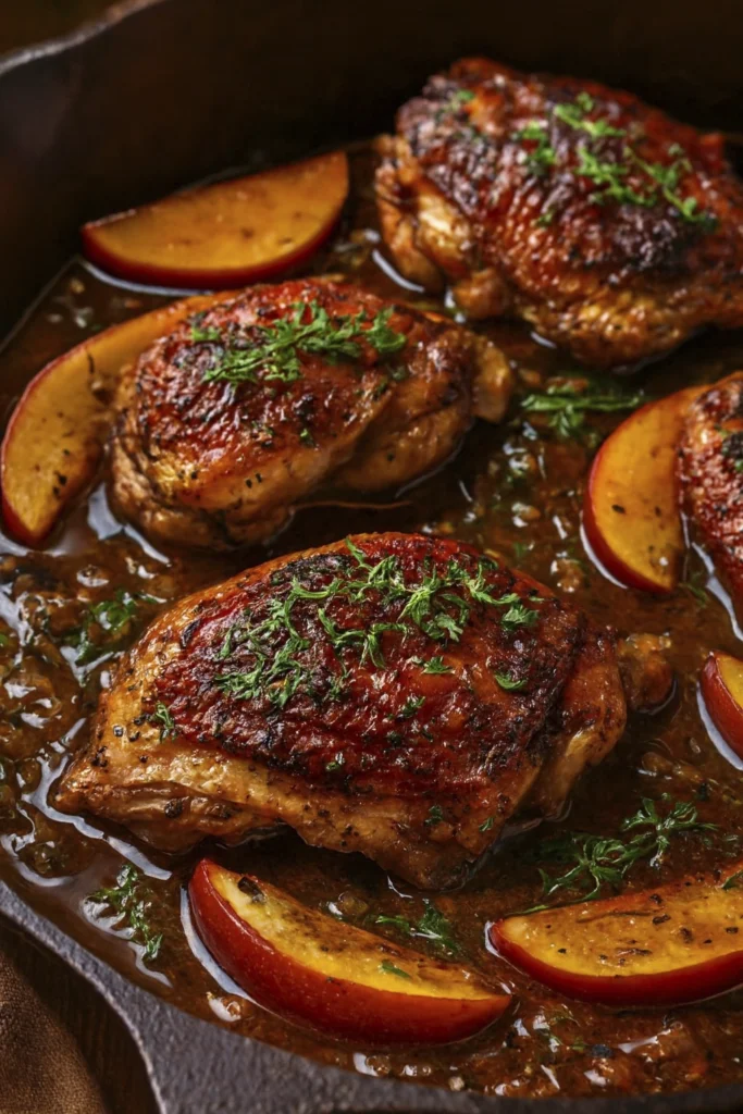 Cast iron skillet with glazed chicken thighs, red apples, and fresh thyme in savory sauce