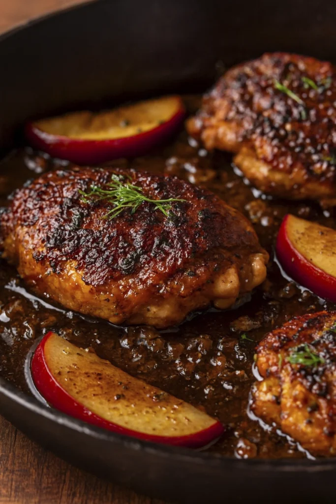 Golden chicken thighs with apples and thyme in a cast iron skillet with savory onion glaze
