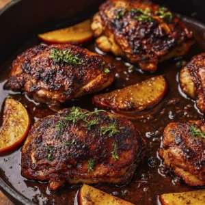Golden seared chicken thighs with caramelized apples and thyme in a cast iron skillet