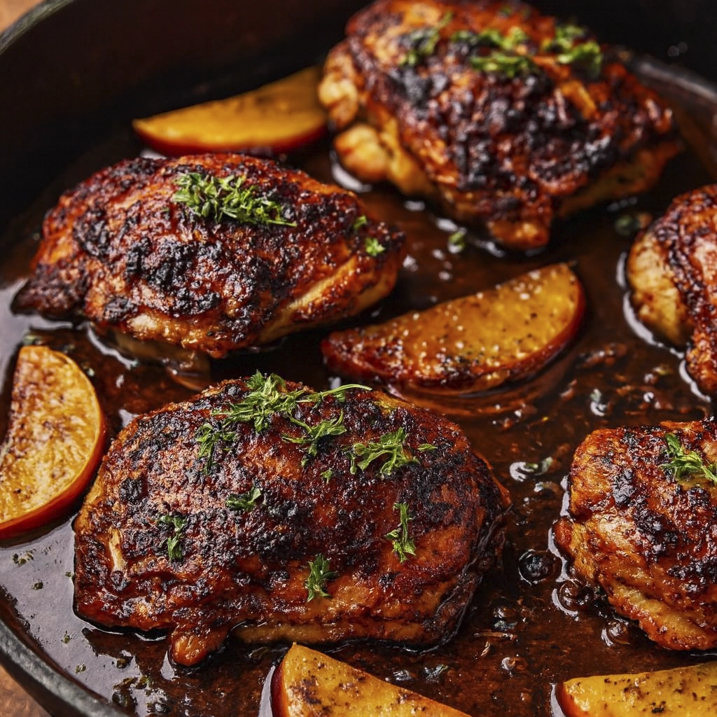 Golden seared chicken thighs with caramelized apples and thyme in a cast iron skillet