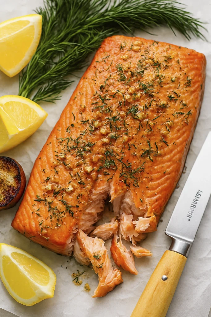 Side-angle view of flaked salmon fillet with dill, garlic, lemon wedges, and grilled potato