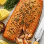 Top-down gourmet salmon fillet with roasted potatoes, creamy dill sauce, lemon wedges, and fresh herbs.