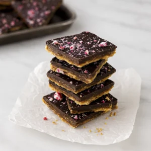 Stack of festive chocolate peppermint bark with crushed candy on parchment paper over marble.