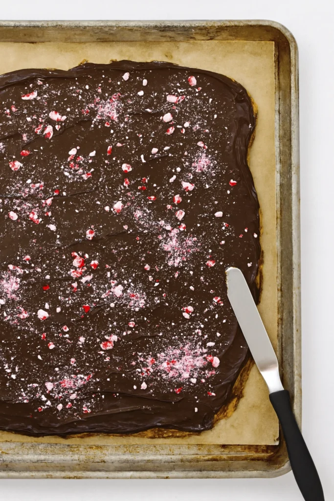 Side view of stacked chocolate peppermint bark with toffee and crushed candy.
